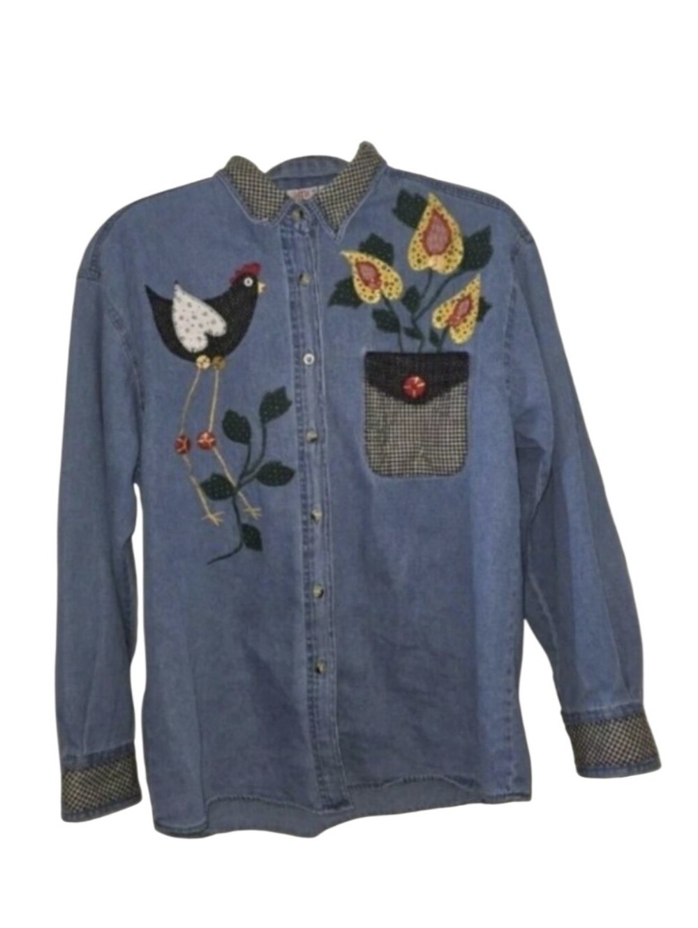 Vintage Rare Women's Graphic Sports Hens Denim Buttom-Up Shirt LARGE